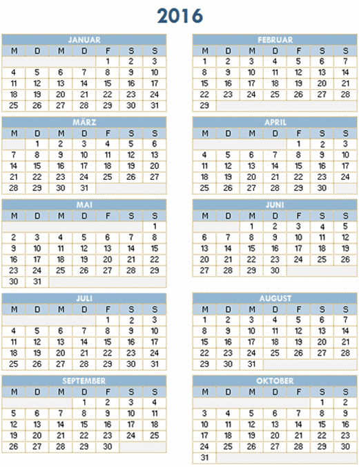 Jahreskalender 2016-2025