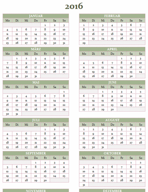 Jahreskalender 2016-2025 (Mo-So)
