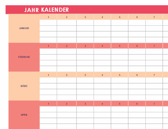 Kalender (für jedes Jahr, horizontal)