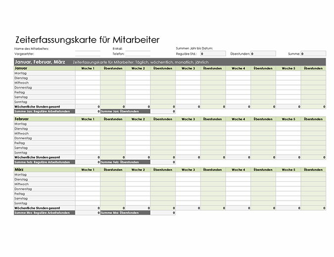 Zeiterfassungskarte für Mitarbeiter (täglich, wöchentlich, monatlich und jährlich)