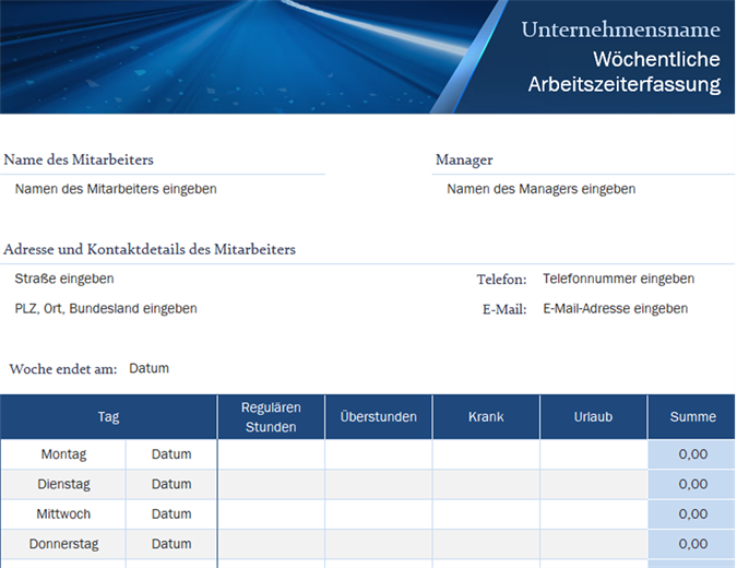 Wöchentliche Arbeitszeiterfassung für Kleinunternehmen Wöchentliche Arbeitszeiterfassung für Kleinunternehmen
