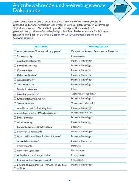 Checkliste für aufzubewahrende und weiterzugebende Dokumente Checkliste für aufzubewahrende und weiterzugebende Dokumente