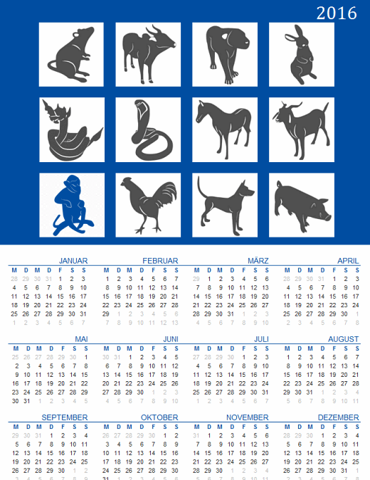 Jahreskalender mit chinesischen Sternzeichen (Mo-So) - Jahreszahl variabel