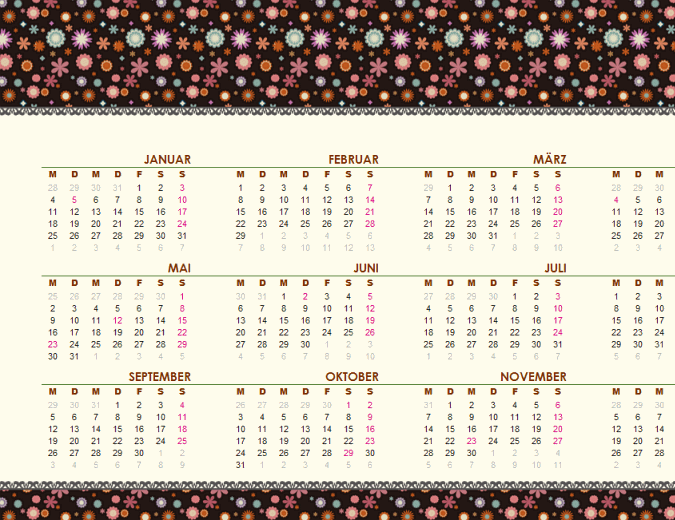 Jahreskalender (Mo-So) mit floralem Design - Jahreszahl variabel