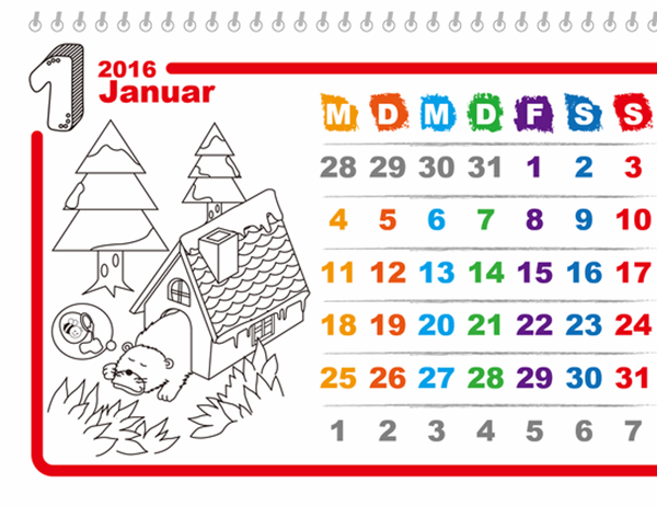 Illustrierter Jahreszeitenkalender zum Ausmalen (Mo-So) (ohne Feiertage)