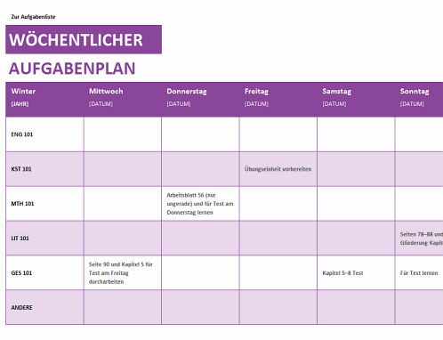 Wochentliche Aufgabenliste