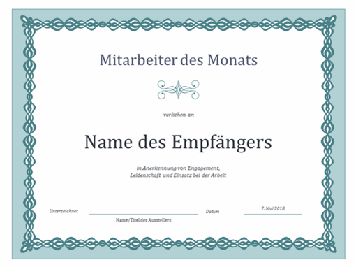 Urkunde für Mitarbeiter des Monats (Design mit blauem Kettenmuster) Urkunde für Mitarbeiter des Monats (Design mit blauem Kettenmuster)