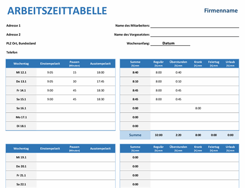 Arbeitszeittabelle Excel