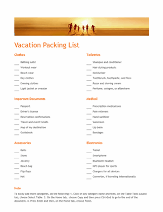 Vacation packing list