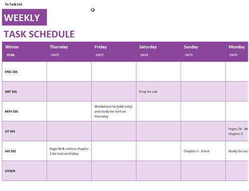 Weekly task schedule Weekly task schedule