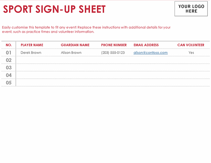Sport sign-up sheet