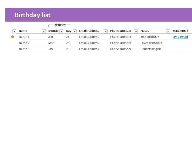 Birthday list