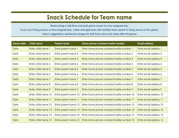 Youth sports snack sign-up sheet