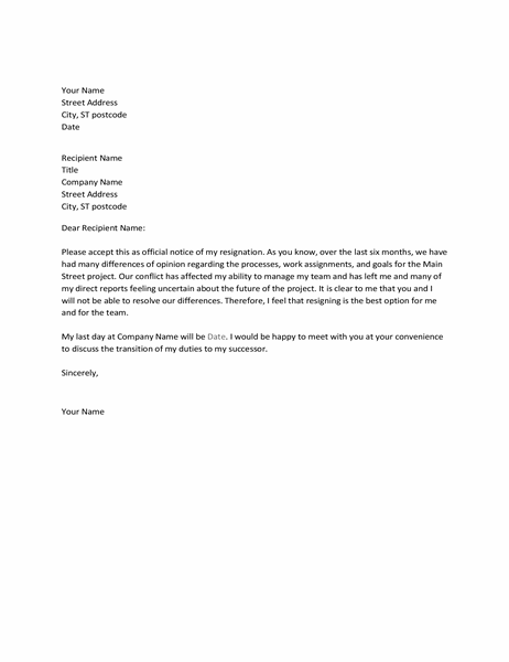 Letter of resignation due to conflict with boss