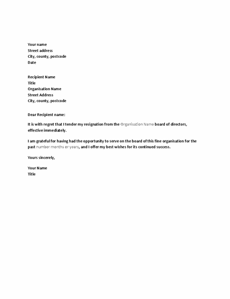 Letter of resignation from board