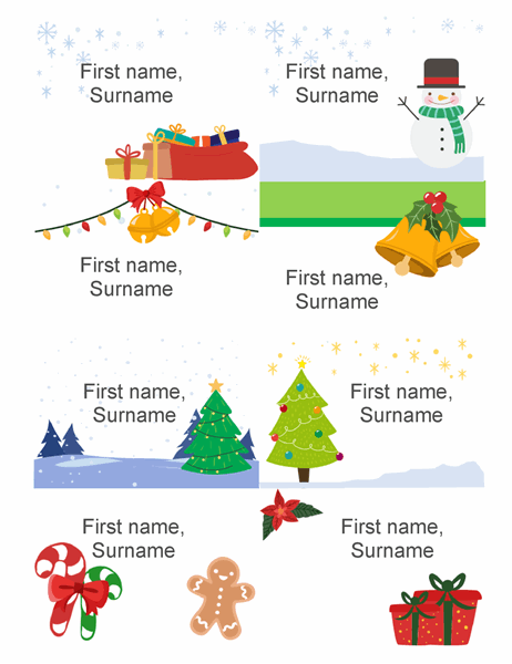 Christmas name badges (eight per page, Christmas spirit design, works with Avery 5395 and similar)