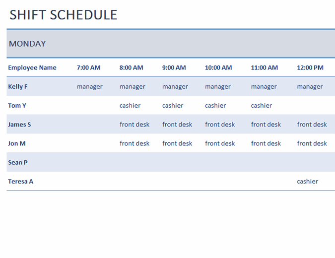 Weekly employee shift schedule