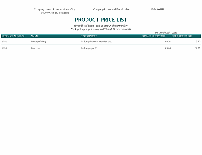 Product price list