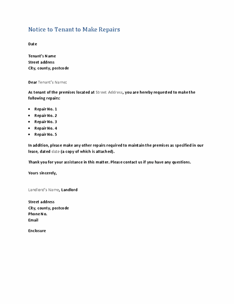 Notice to tenant to make repairs (form letter)