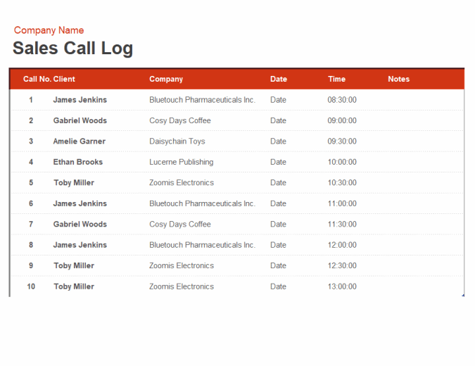 Sales call log and organiser