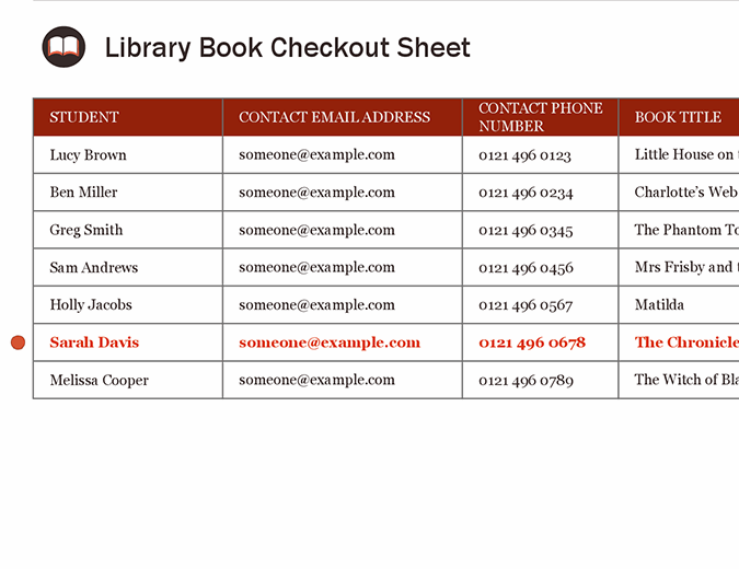 Library book checkout sheet