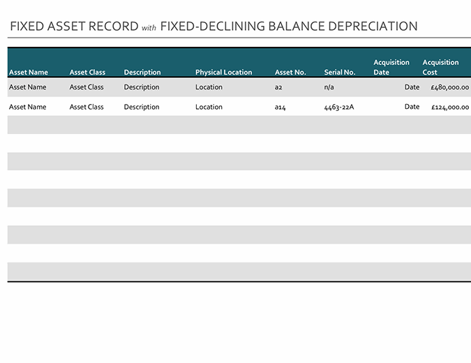 Record of fixed assets with fixed declining-balance depreciation