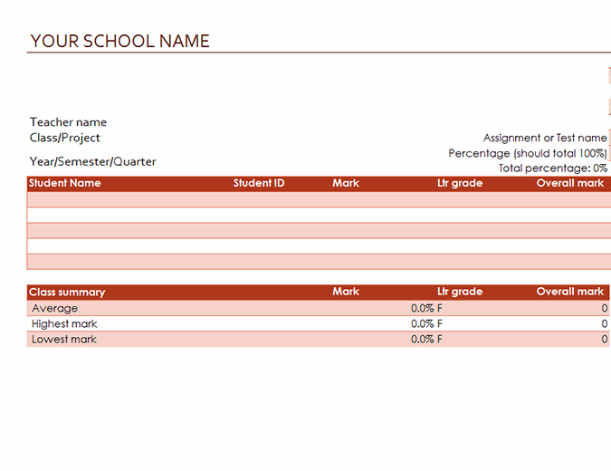 Teacher’s grade book (based on percentages) Teacher’s grade book (based on percentages)