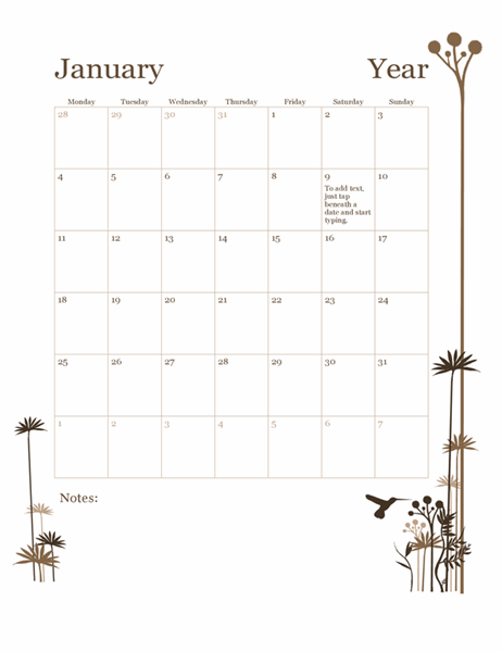 Hummingbird 12-month calendar (Mon-Sun)
