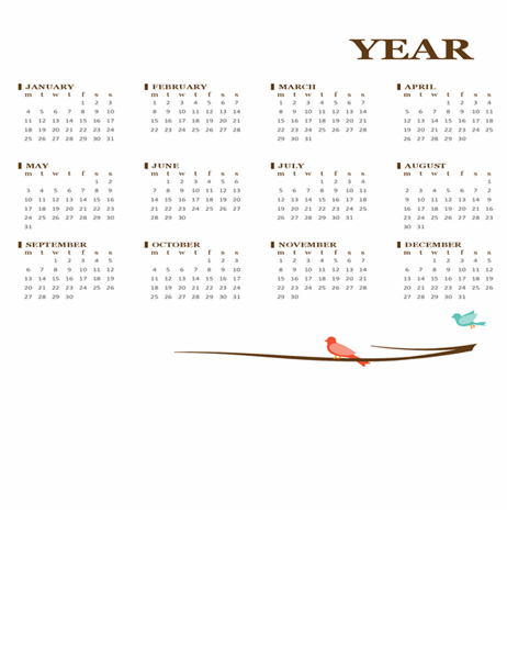 Bird yearly calendar (Mon-Sun)