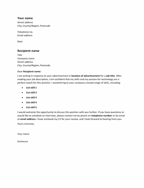 Cover letter in response to ad