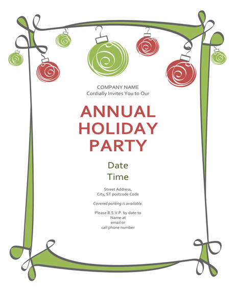 Holiday party invitation with ornaments and swirling border (Informal design) Holiday party invitation with ornaments and swirling border (Informal design)