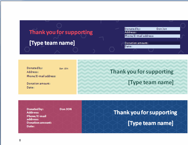Team fundraiser receipt (3 per page)
