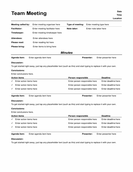 Printable Informal Meeting Minutes Template