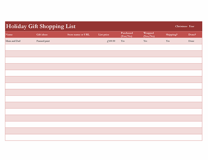 Gift shopping list