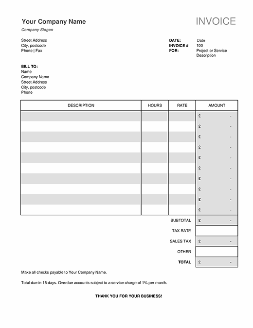 Service invoice with tax calculations