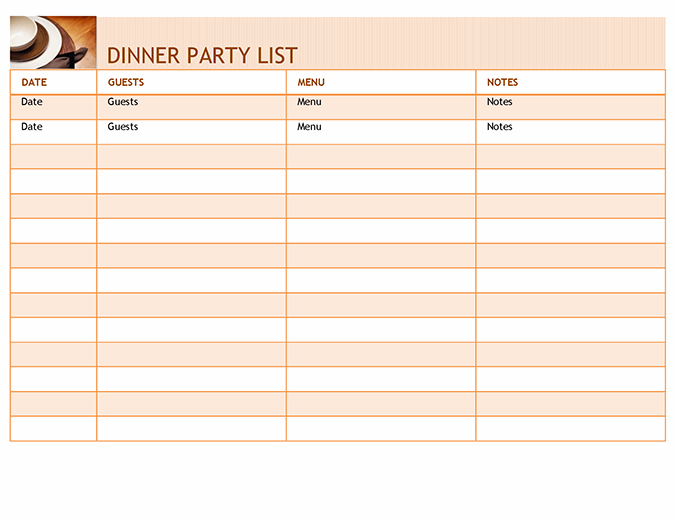 Dinner party list with menu