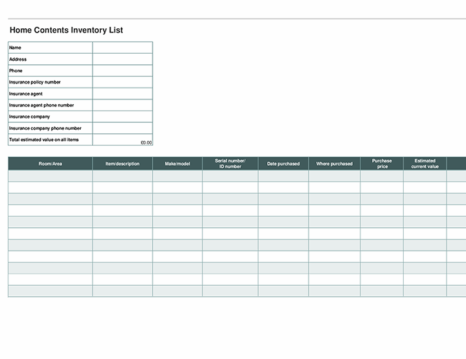 Home contents inventory list