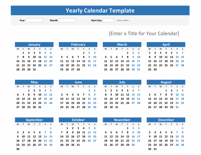 Any year at a glance calendar (landscape)