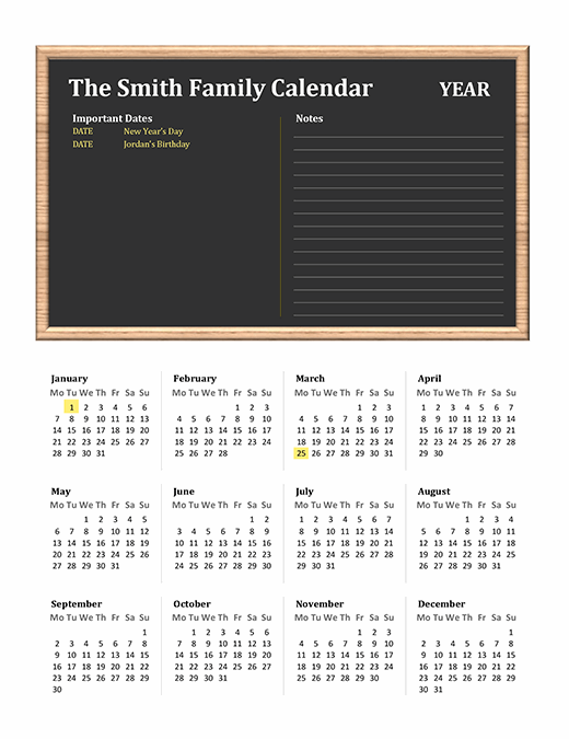 Family calendar (any year, Mon-Sun)