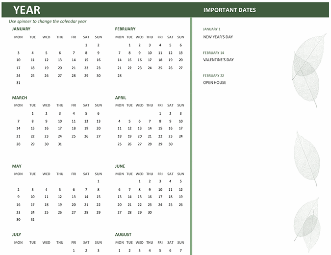 Business calendar (any year, Mon-Sun)