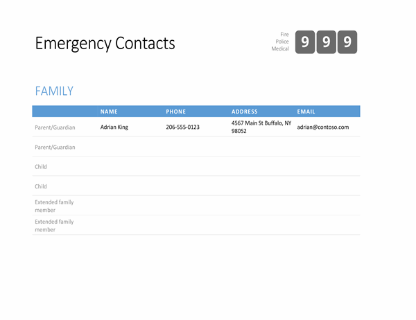 Bold emergency contact list