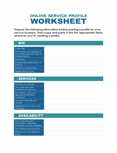 Online service profile worksheet