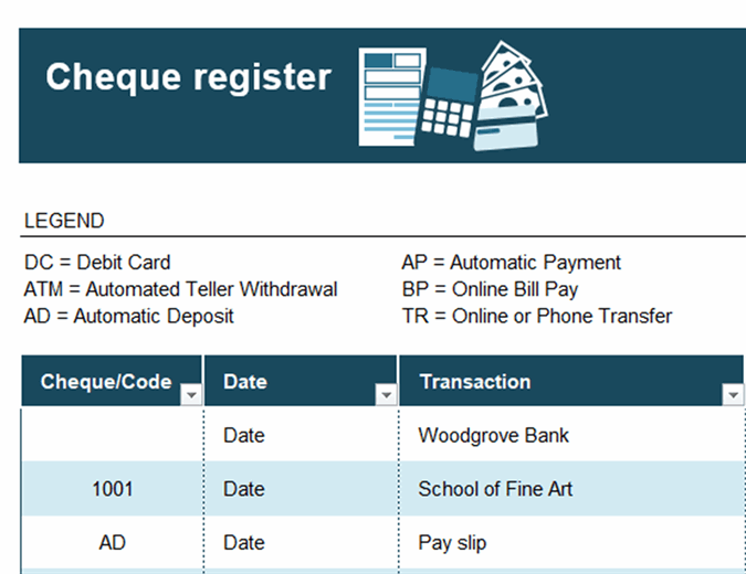 Cheque register with transaction codes