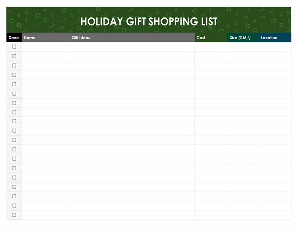 Holiday gifts shopping list