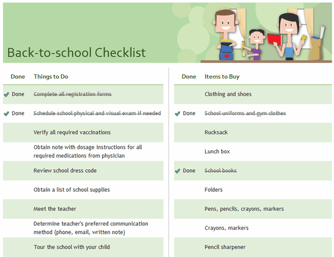 Checklist for back to school