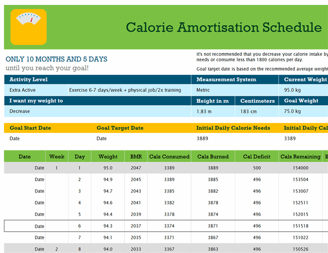 Calorie amortisation schedule