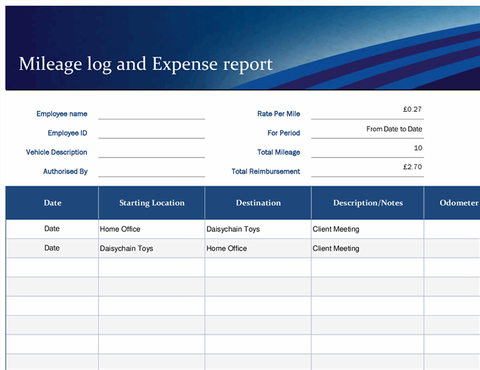Blue mileage and expense report