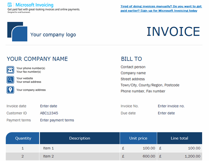 Standard invoice with Microsoft Invoicing