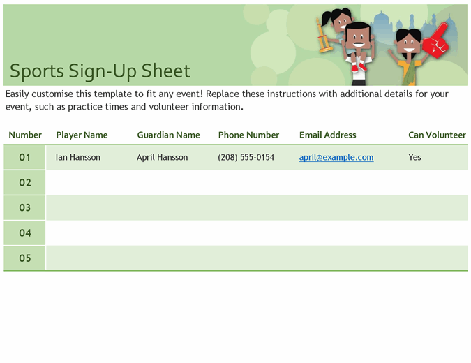 Sports sign-up sheet