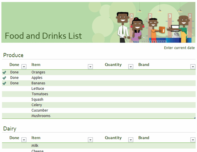 Food and drinks checklist with space for brand